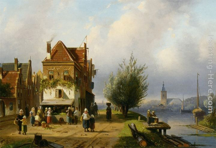 Charles Henri Joseph Leickert A Town View with Figures by a Market Street Stall